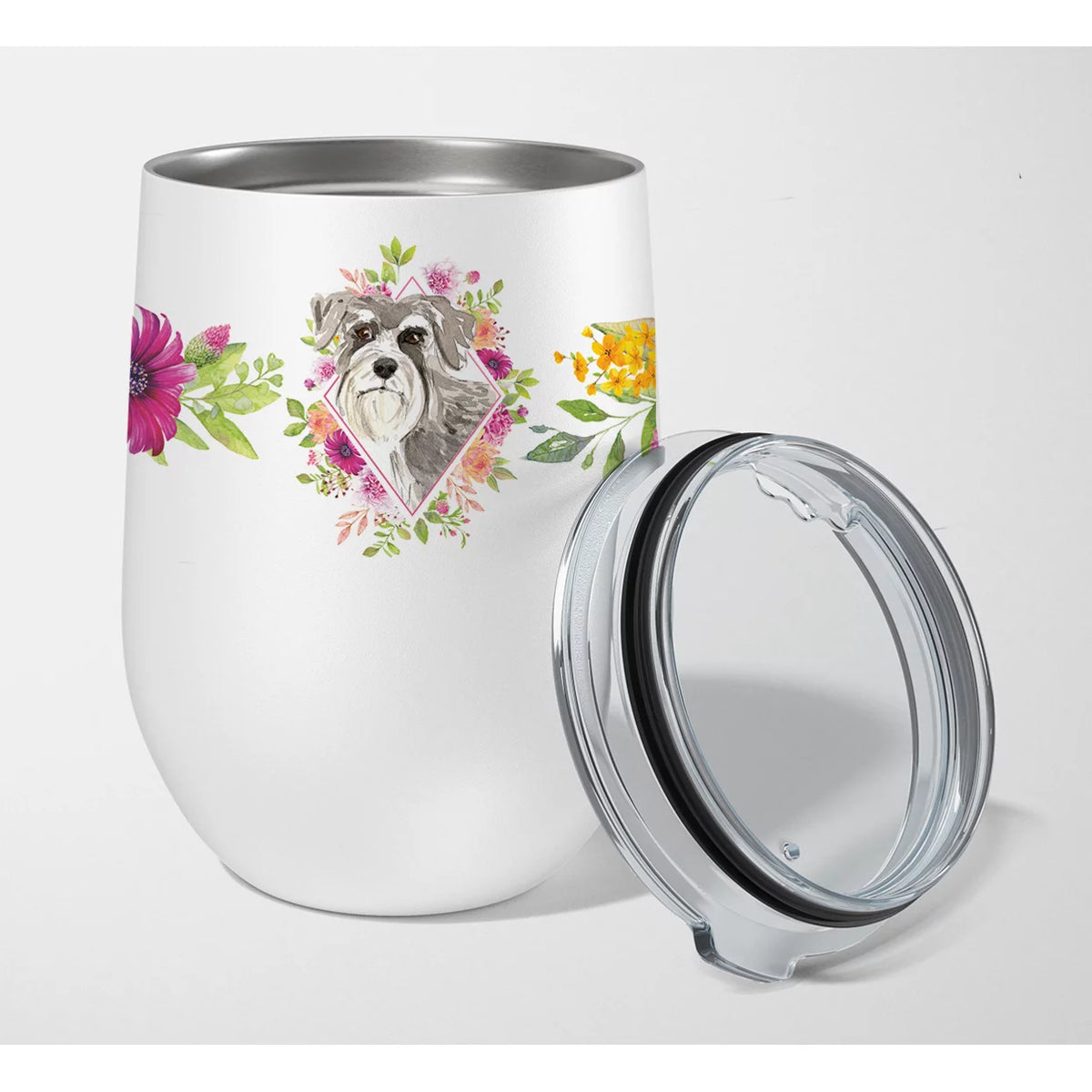 Schnauzer Pink Flowers Stainless Steel 12 oz Stemless Wine Glass L171607