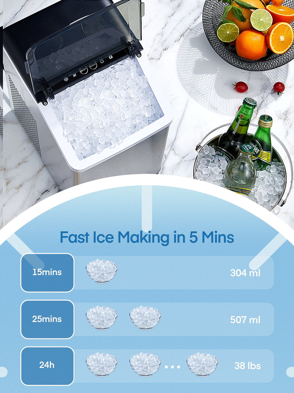 Nugget Ice Maker Countertop 38 Lbs Stainless Steel Portable Ice Machine with Ice Scoop and Basket K5300