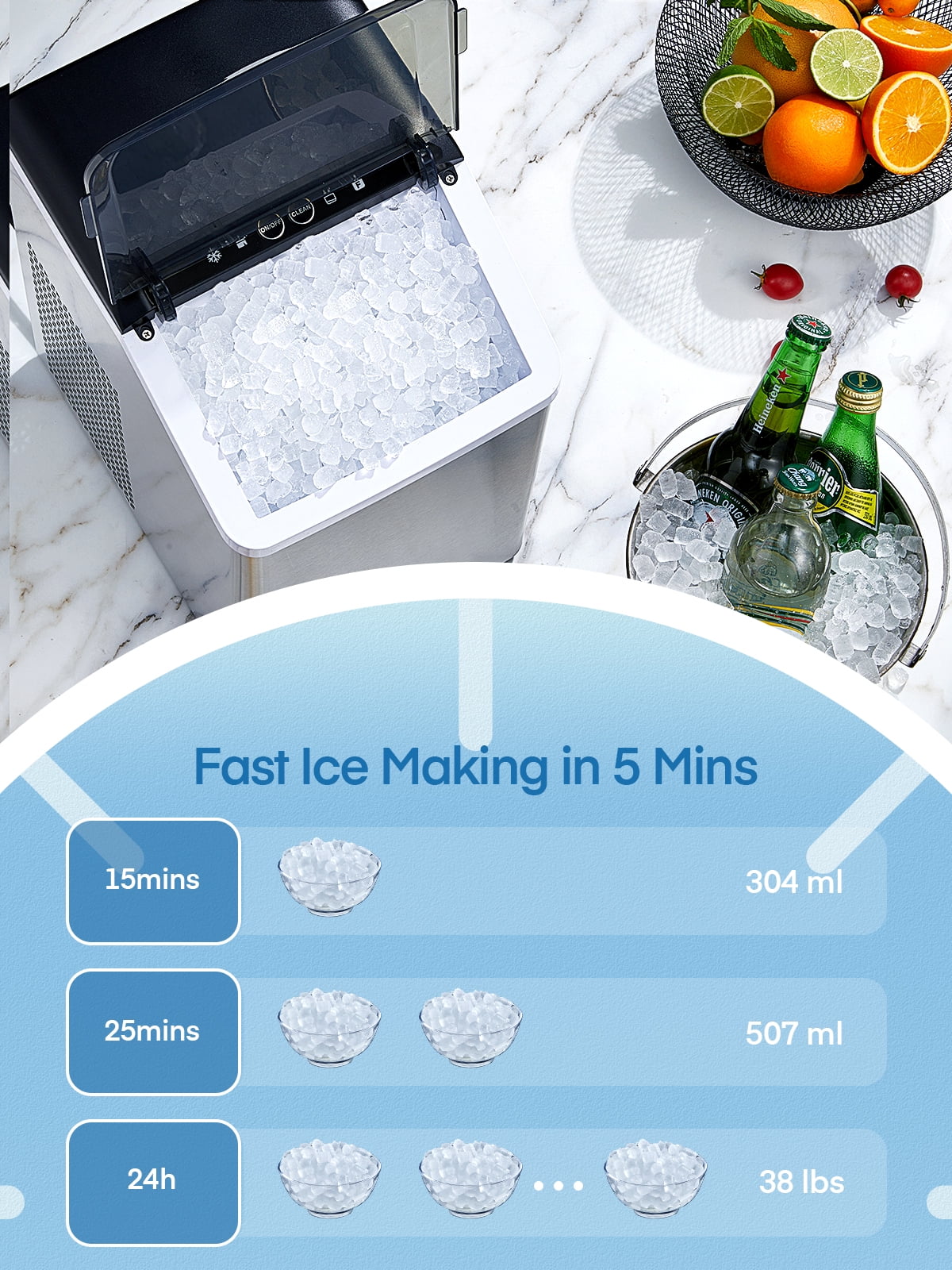 Nugget Ice Maker Countertop 38 Lbs Stainless Steel Portable Ice Machine with Ice Scoop and Basket K5300