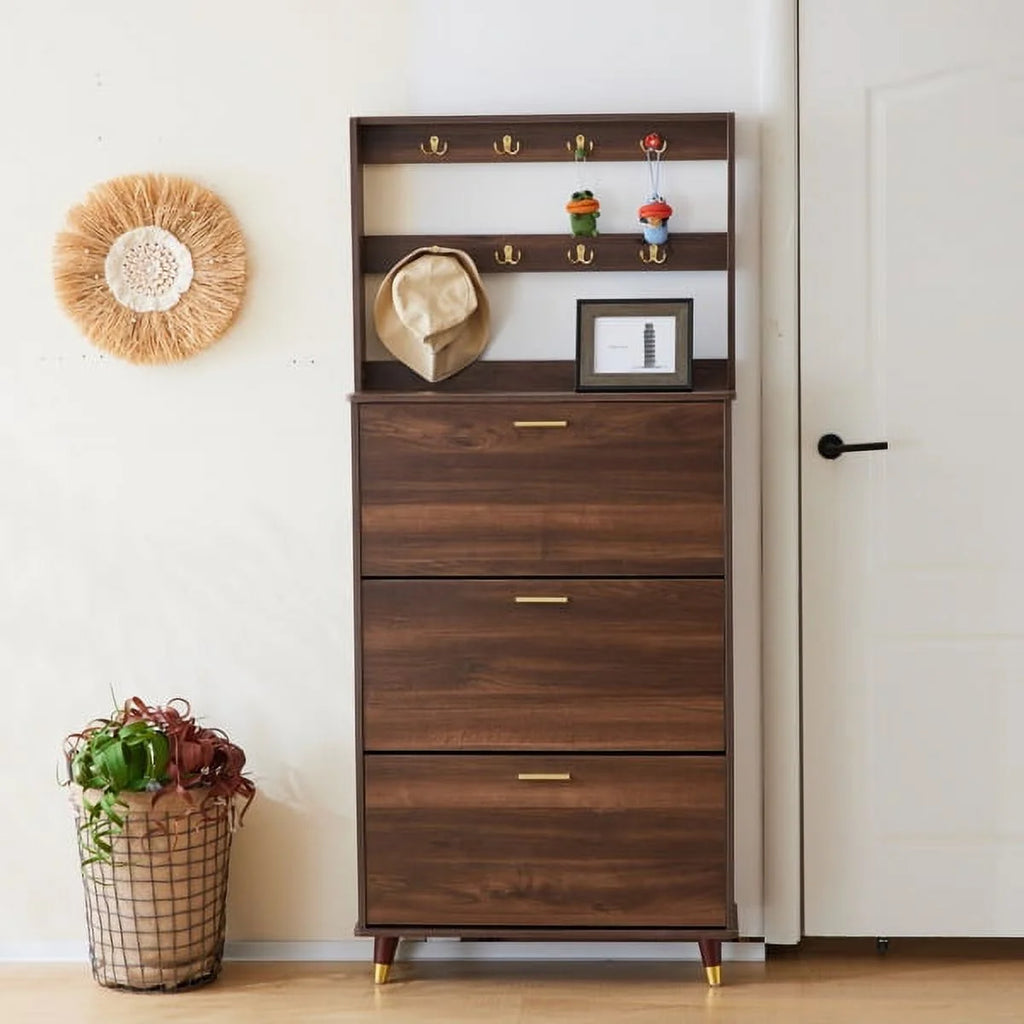 Brown Entryway Wardrobe Armoire Closet with 12 Hooks & 3 Shoe Cabinets Z858146