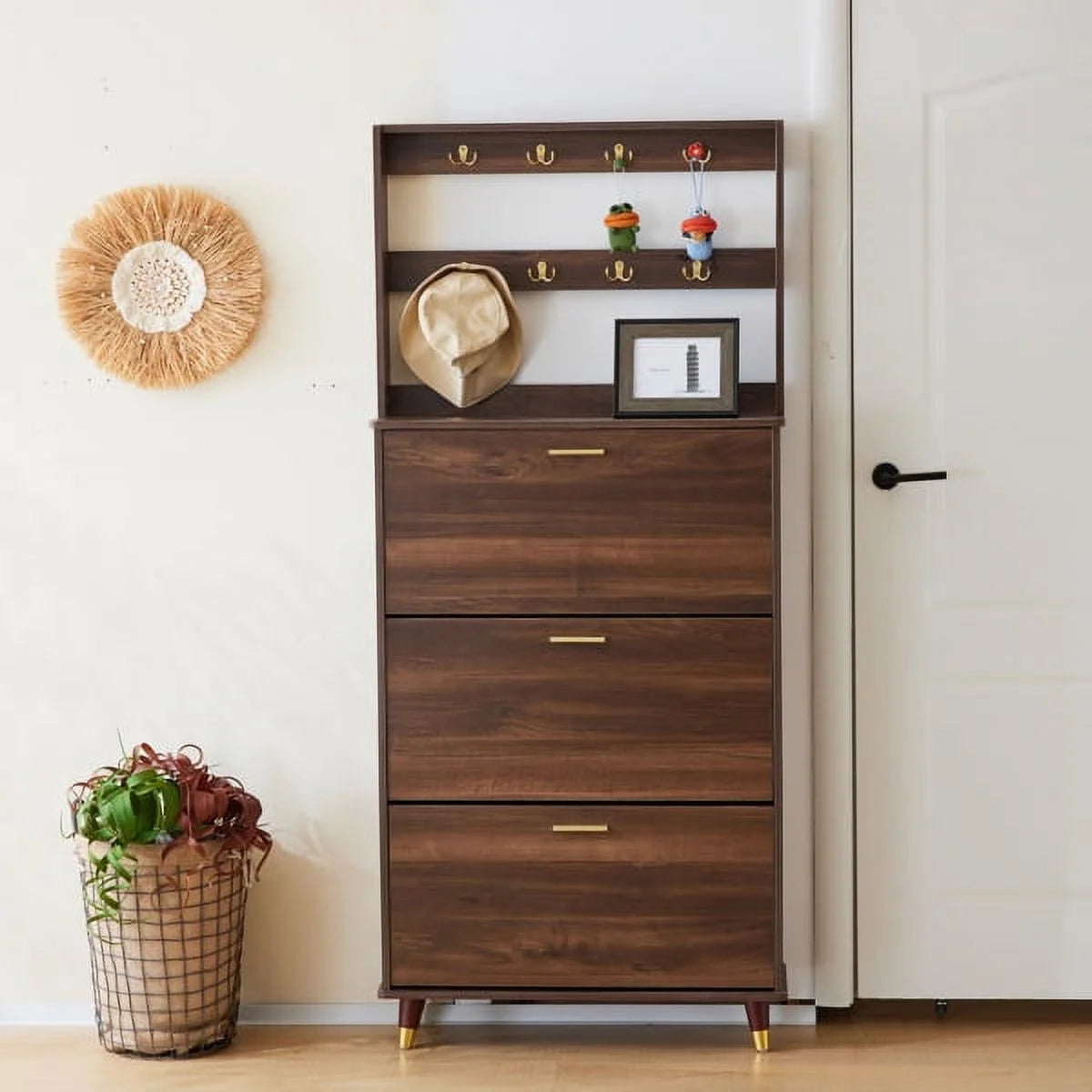 Brown Entryway Wardrobe Armoire Closet with 12 Hooks & 3 Shoe Cabinets Z858146