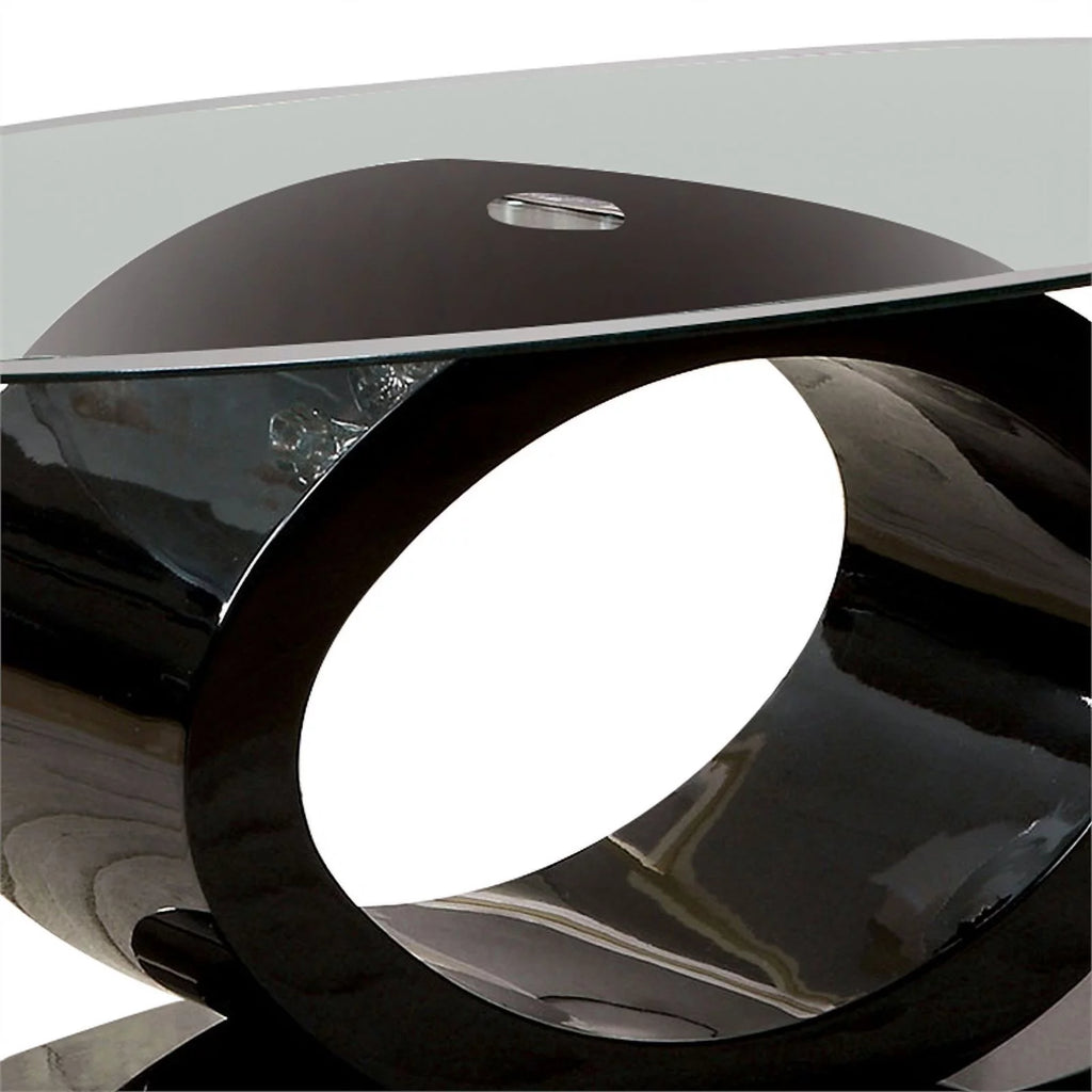 Contemporary Tempered Glass Top Coffee Table with O Shape Base, Black Q212