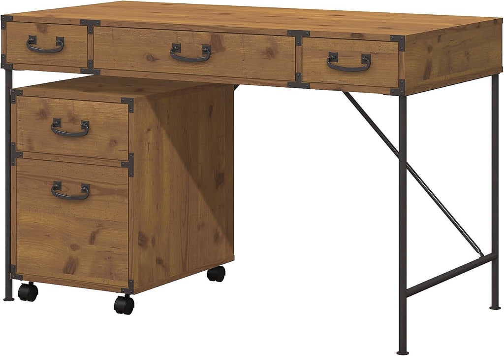 Vintage Golden Pine Writing Desk and 2 Drawer Mobile File Cabinet N11618