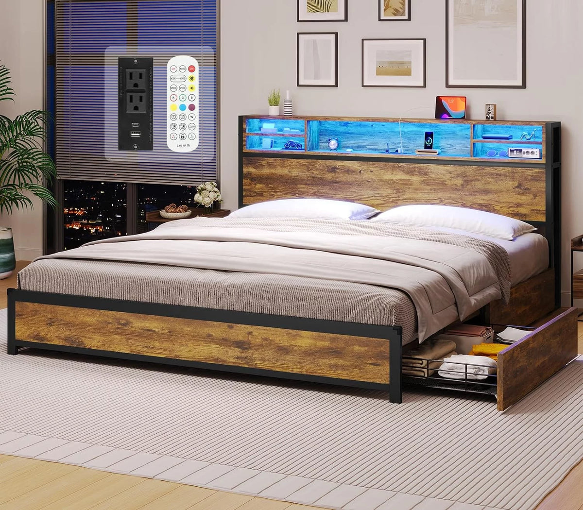 Queen Bed Frame with LED Lights Headboard & 4 Storage Drawers P378