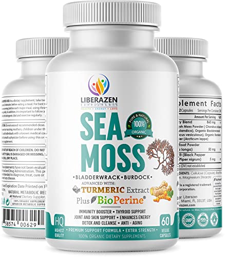 Organic Irish Sea Moss Pills with Turmeric, Burdock Root & Bladderwrack - 60 Capsules M291