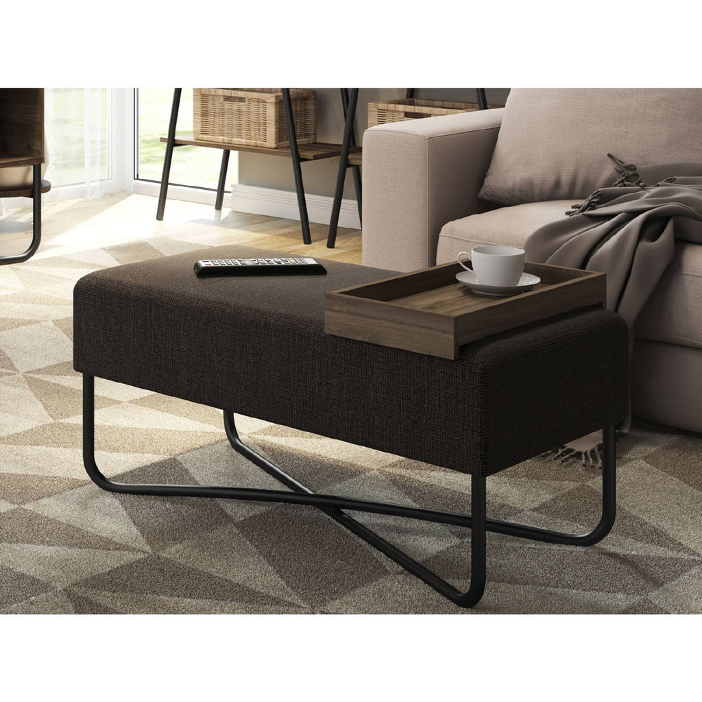 Dark Brown Fabric Bench with Black Base and Dark Oak Tray O7448
