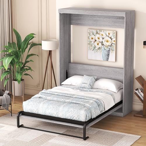 Full Size Grey Murphy Bed with Side Cabinet Storage T197183
