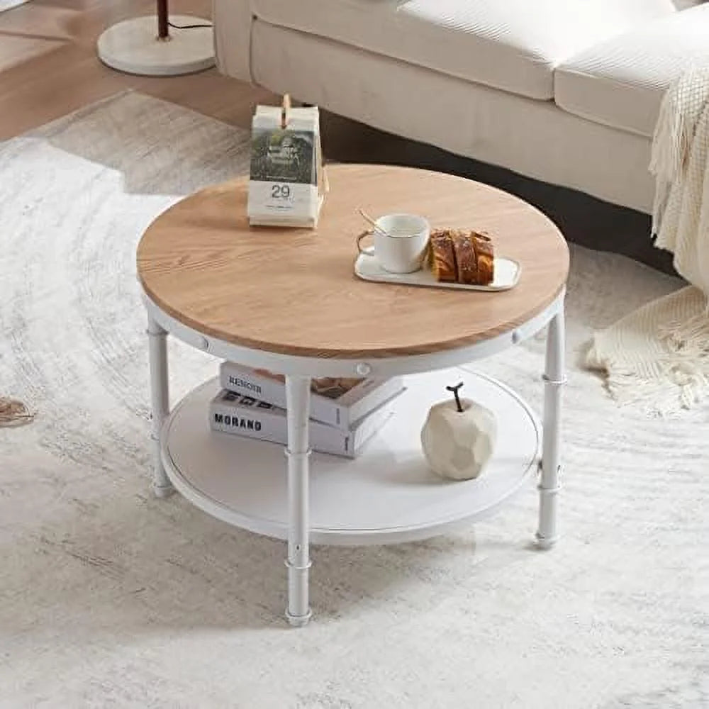 31.5" Natural White Round 2-Tier Wood Coffee Table P58322