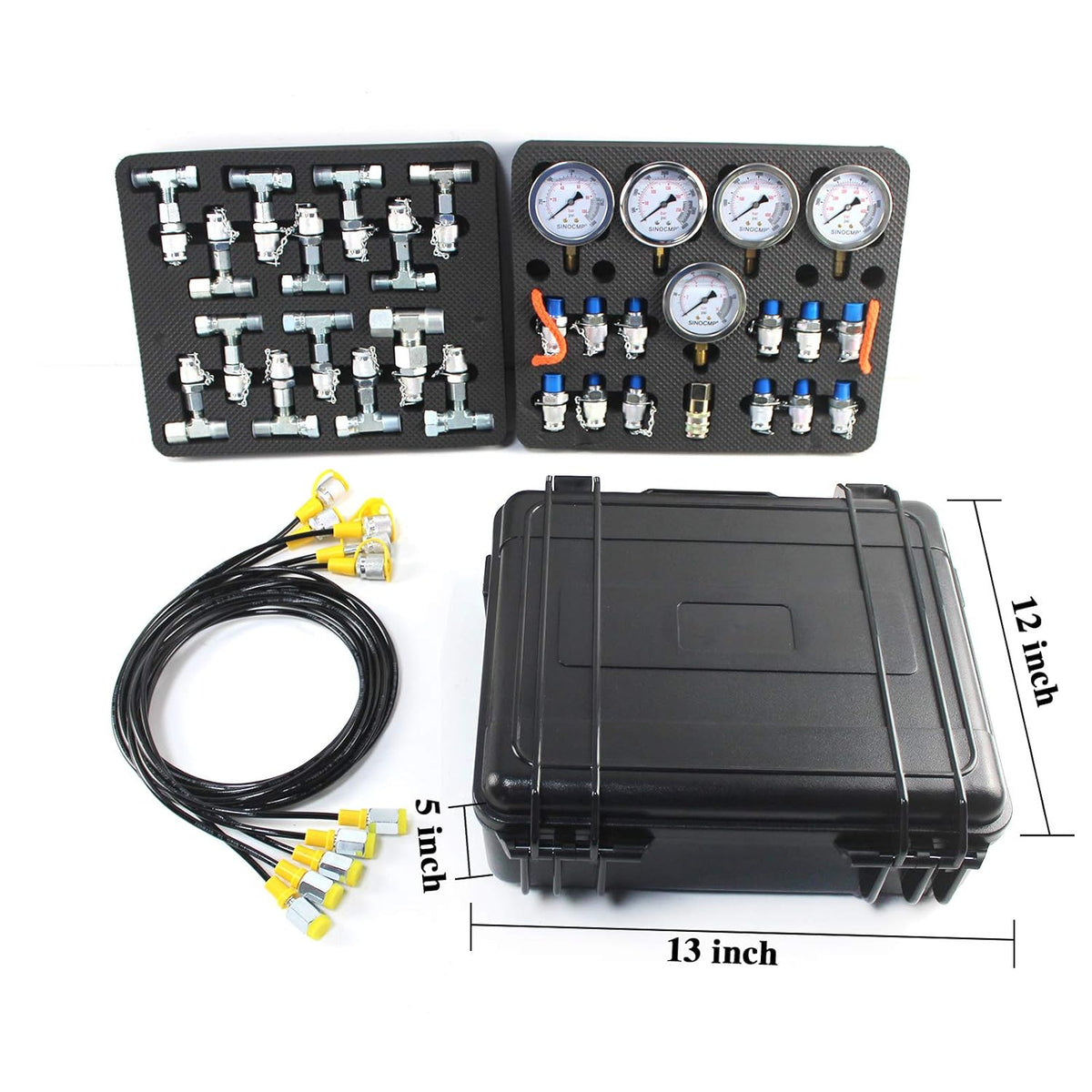 Hydraulic Pressure Test Kit with 5 Gauges 5 Test Hoses 13 Couplings and 14 Tee Connectors Y601