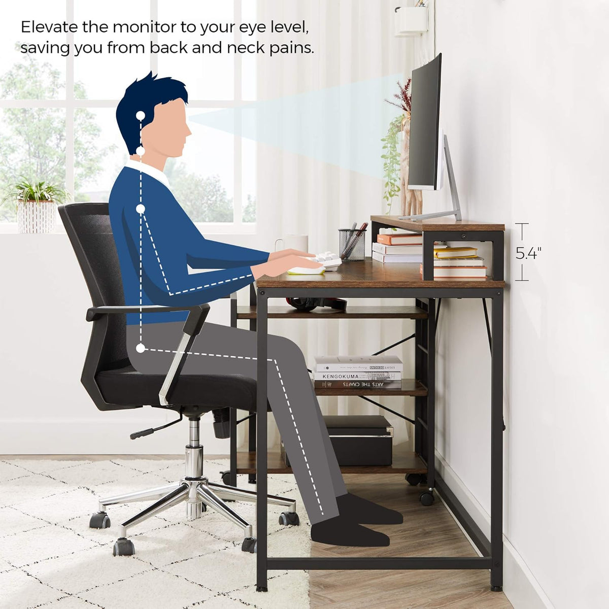 Computer Desk with Monitor Stand and Storage Shelves X766338