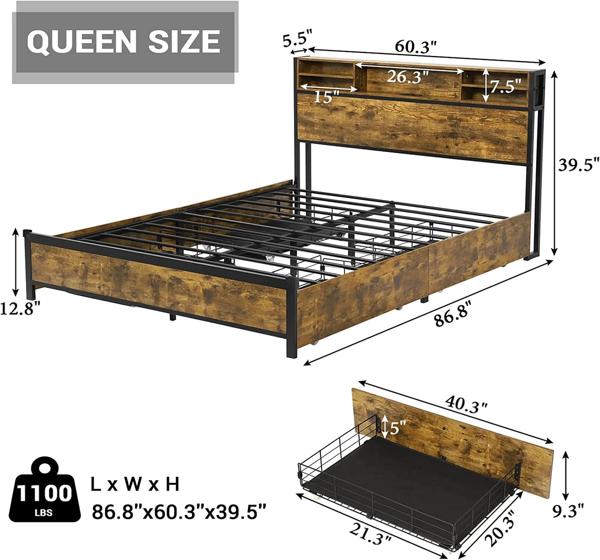 Queen Bed Frame with LED Lights Headboard & 4 Storage Drawers P378