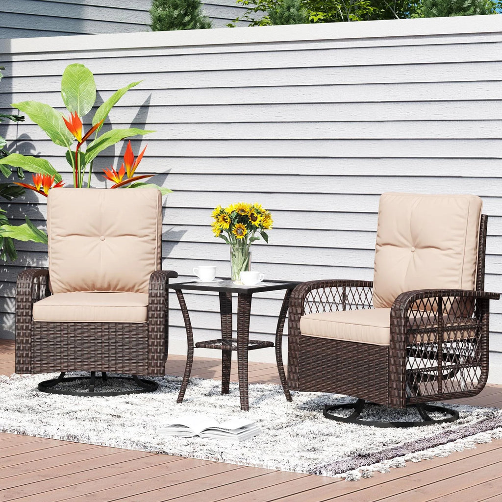 3 Piece Swivel Rocking Wicker Patio Chairs Set with Beige Cushions Z723