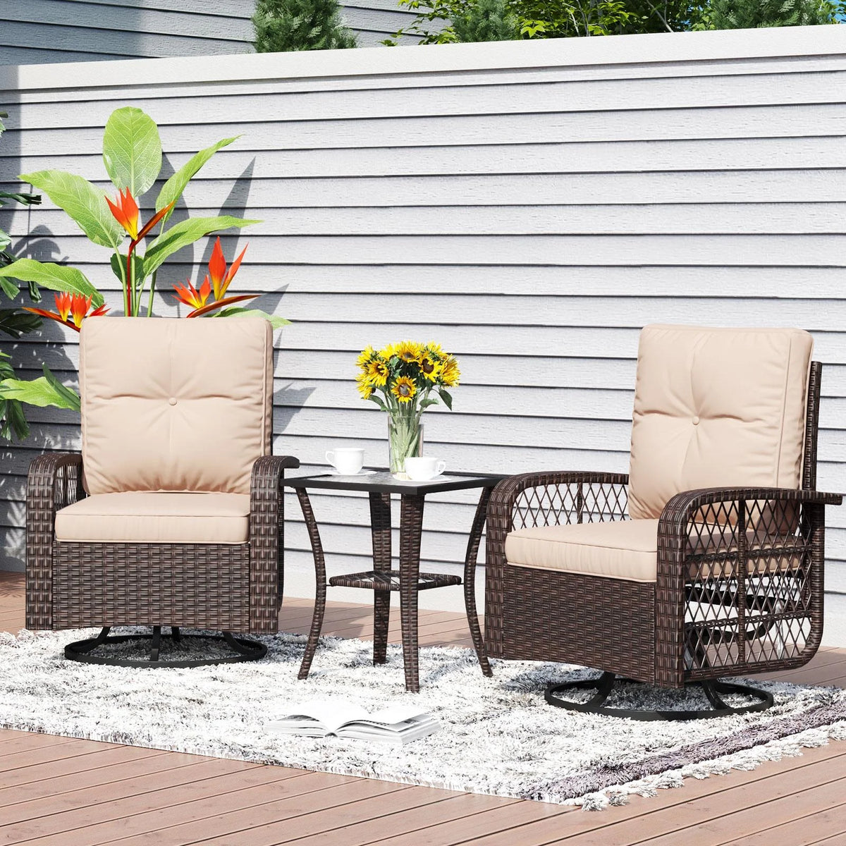 3 Piece Swivel Rocking Wicker Patio Chairs Set with Beige Cushions Z723
