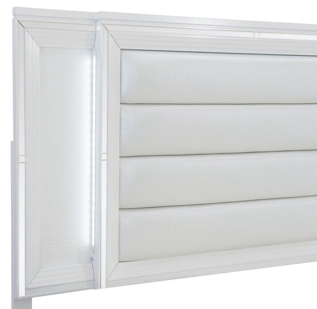 White 1pc Eastern King Platform Bed with Footboard Drawers LED Headboard O34717