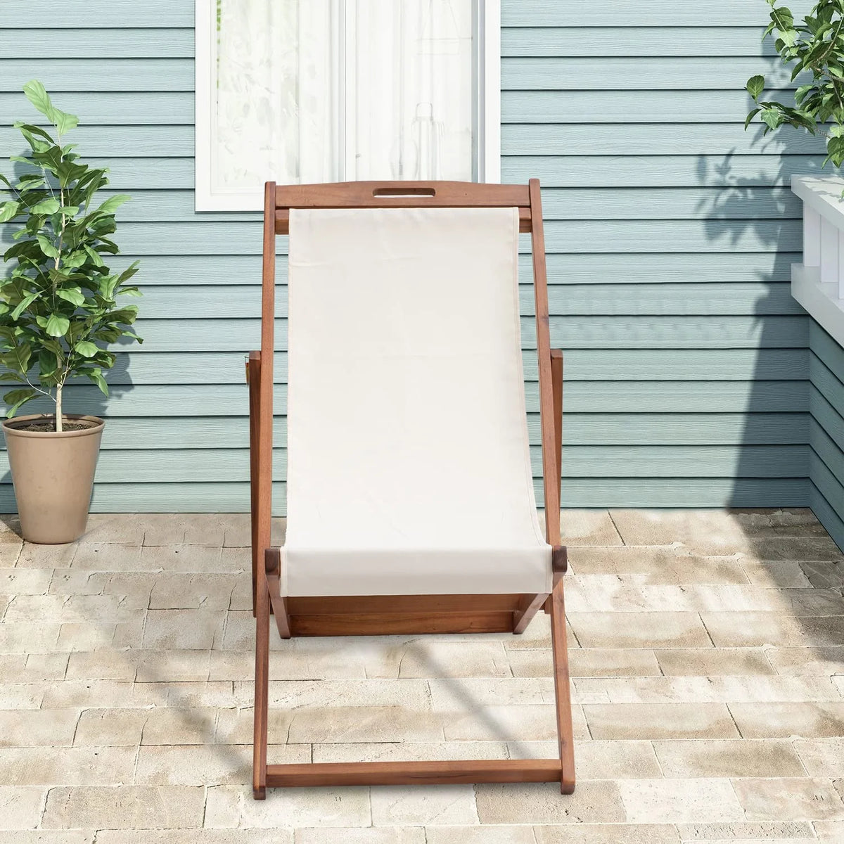 Outdoor Wooden Patio Lounge Chair 2 Set Beach Sling Chair Portable Reclining Solid Wood Frame White Polyester Canvas Khaki D456672
