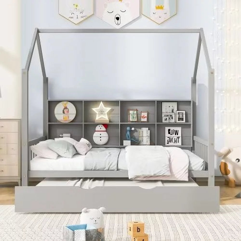 White Full Size Wood House Bed with Trundle and Shelves J853