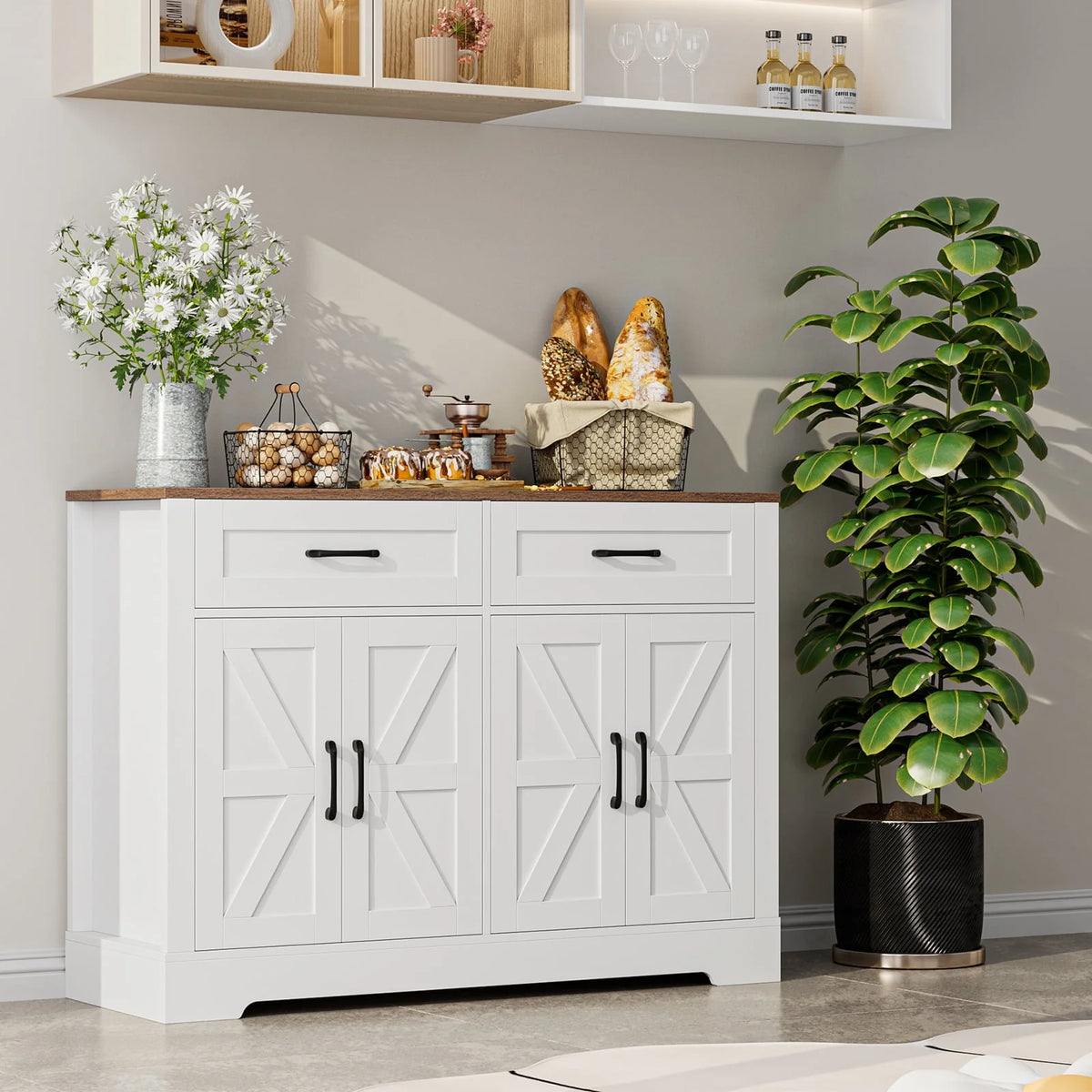 White Wood Buffet Sideboard with 2 Drawers and 4 Doors K1117