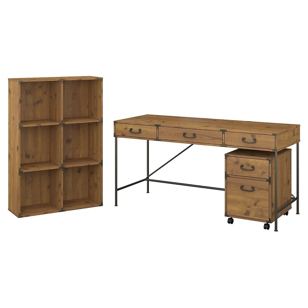 Golden Pine Writing Desk with Organizer and Cabinet V26675