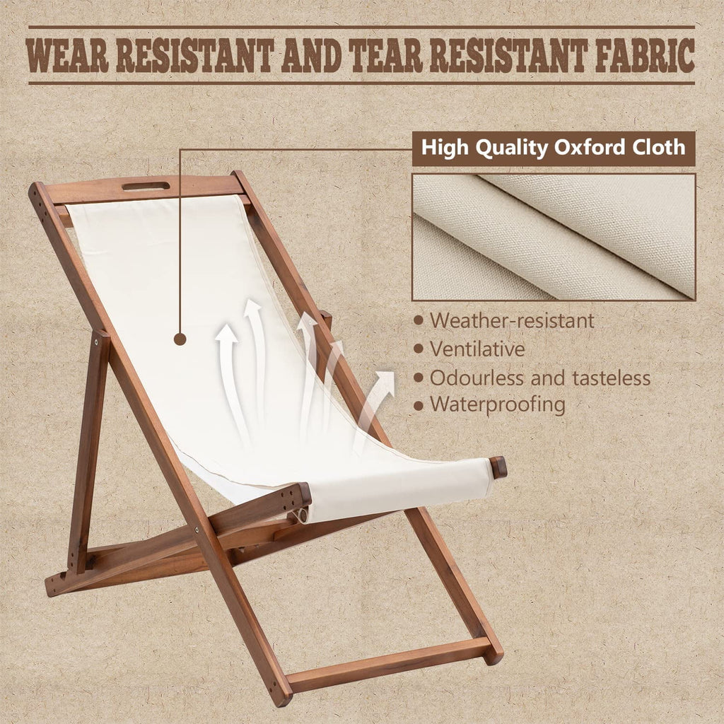 Outdoor Wooden Patio Lounge Chair 2 Set Beach Sling Chair Portable Reclining Solid Wood Frame White Polyester Canvas Khaki D456672