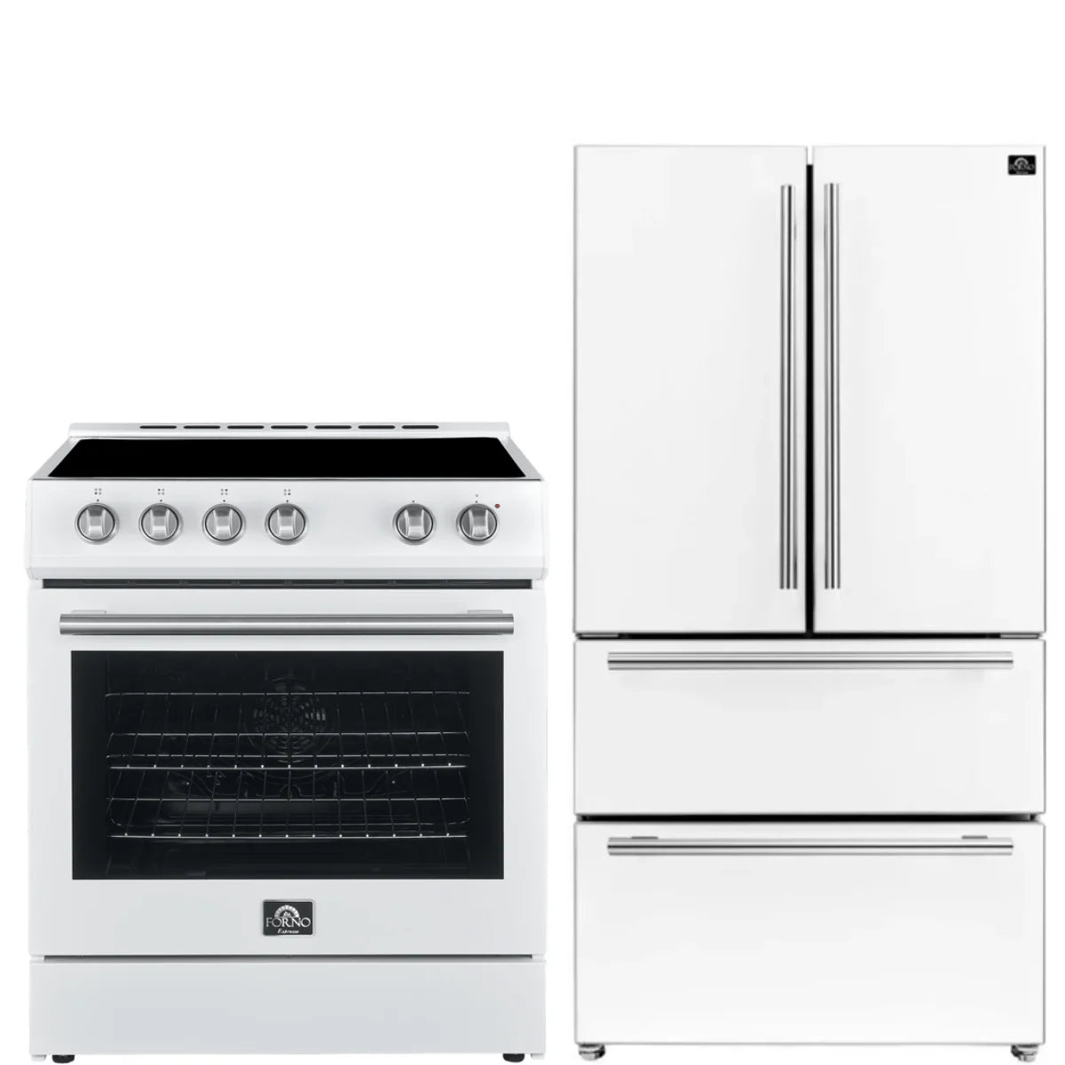 30 Electric Range and Refrigerator in White with Silver Handles I79037