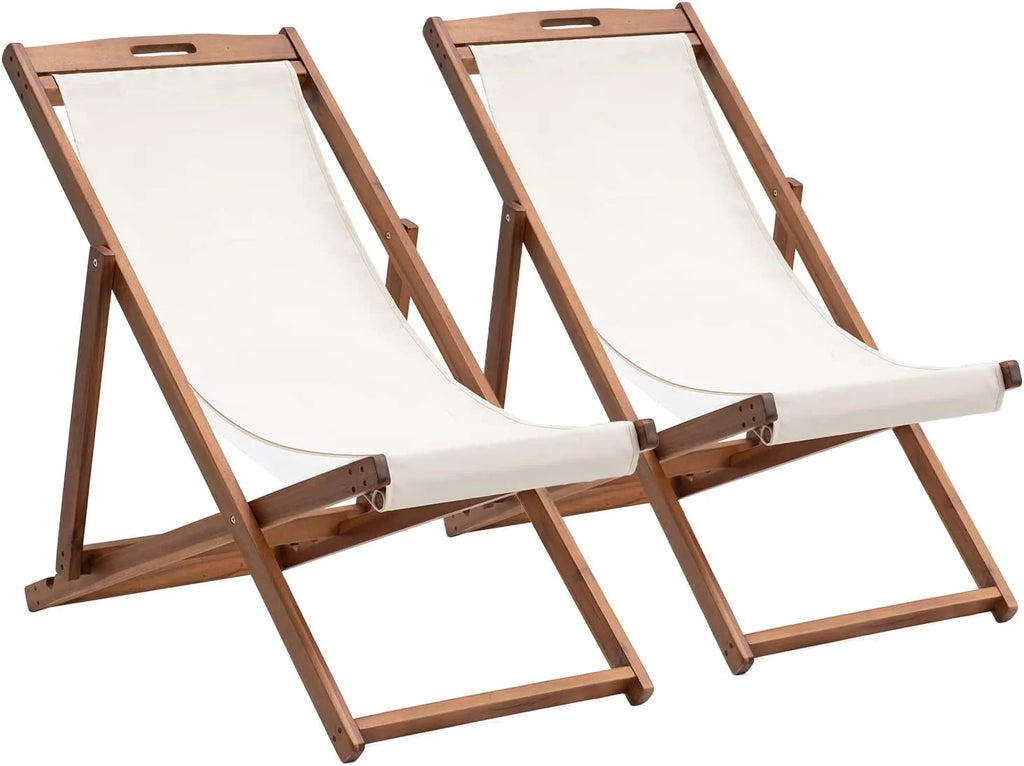 Outdoor Wooden Patio Lounge Chair 2 Set Beach Sling Chair Portable Reclining Solid Wood Frame White Polyester Canvas Khaki D456672