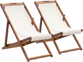 Outdoor Wooden Patio Lounge Chair 2 Set Beach Sling Chair Portable Reclining Solid Wood Frame White Polyester Canvas Khaki D456672