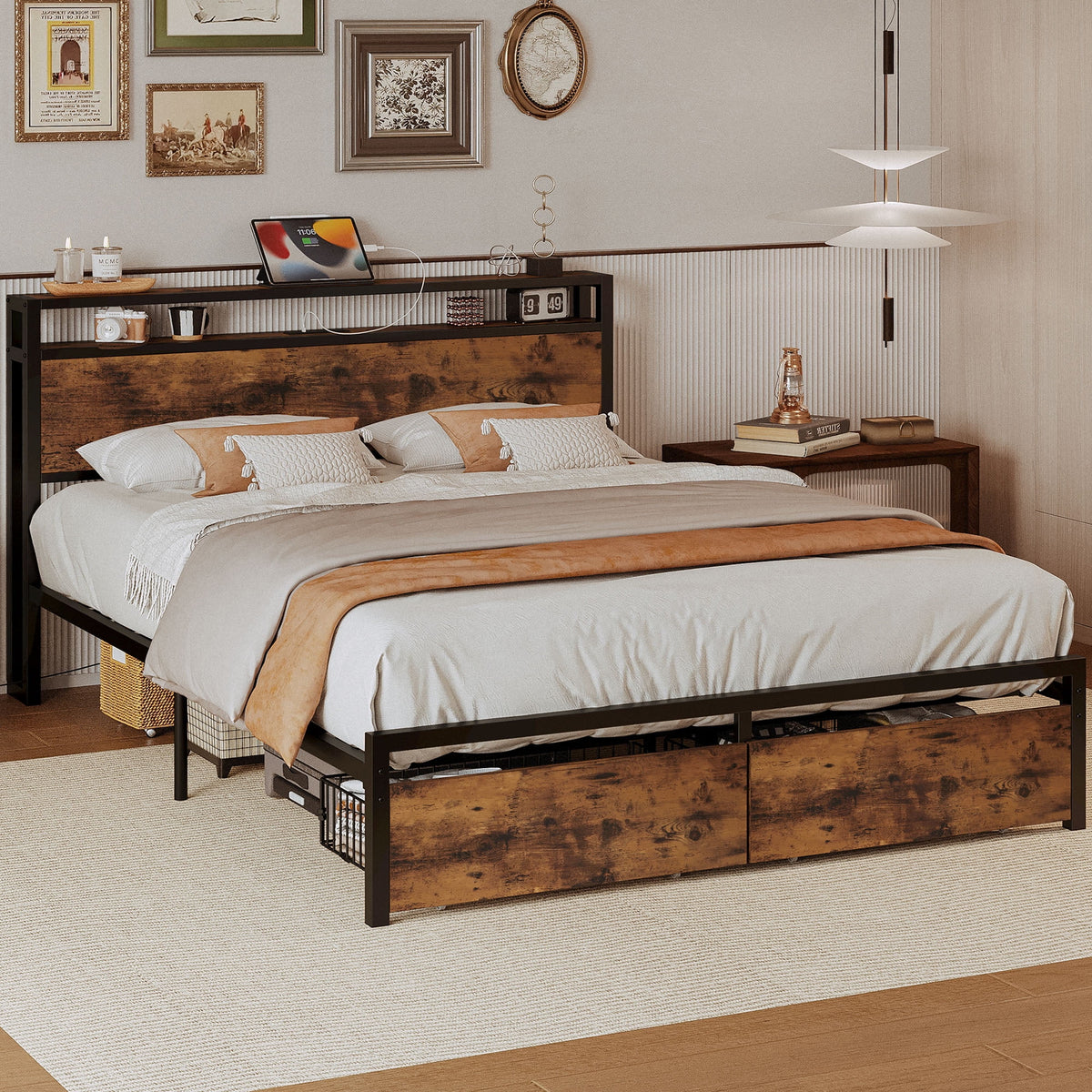 Queen Bed Frame with 2 Tier Storage Headboard and 2 Drawers E2300