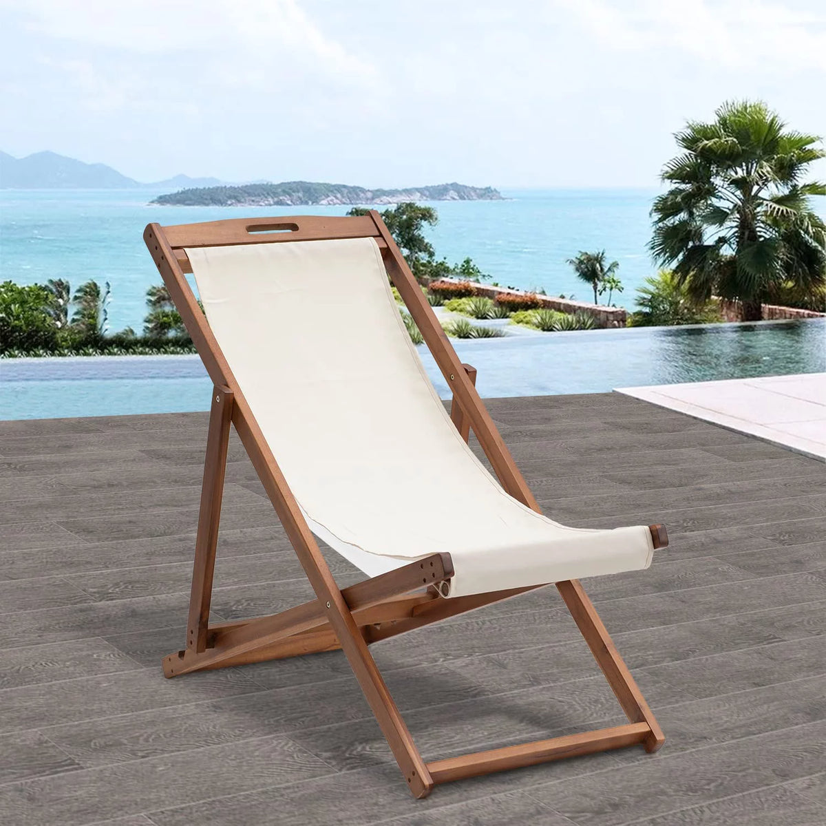 Outdoor Wooden Patio Lounge Chair 2 Set Beach Sling Chair Portable Reclining Solid Wood Frame White Polyester Canvas Khaki D456672