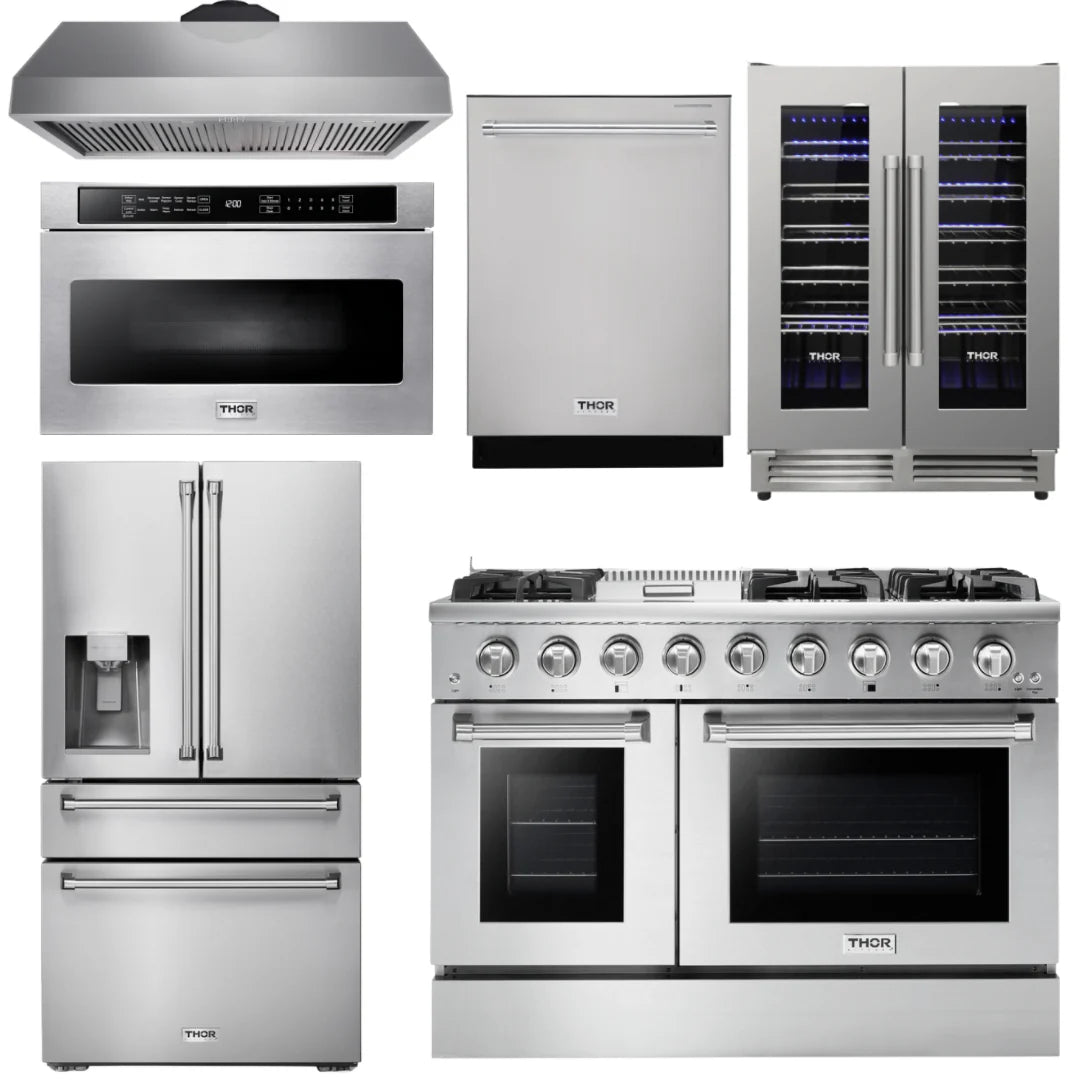 48 Gas Range, Range Hood, Refrigerator with Water and Ice Dispenser, Dishwasher, Microwave, Wine Cooler E718083