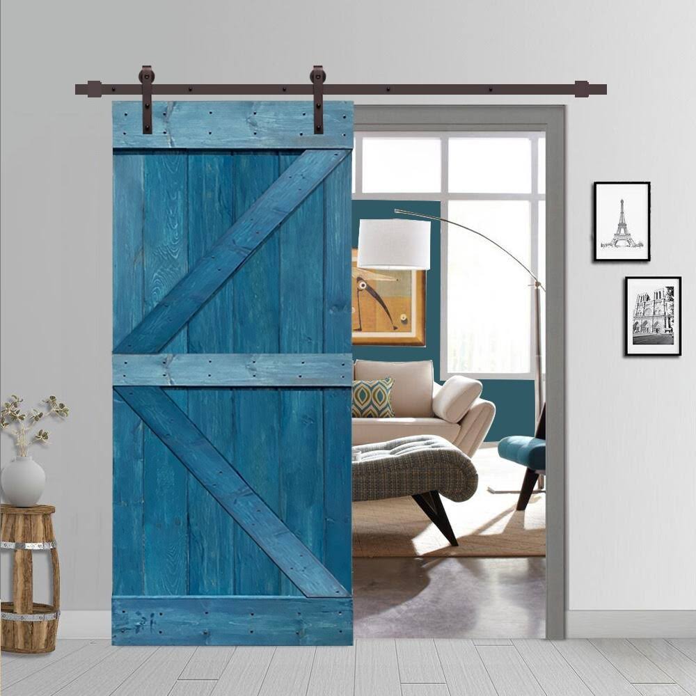30 in. x 84 in. Ocean Blue Stained Wood Interior Sliding Barn Door with Hardware Kit V668967