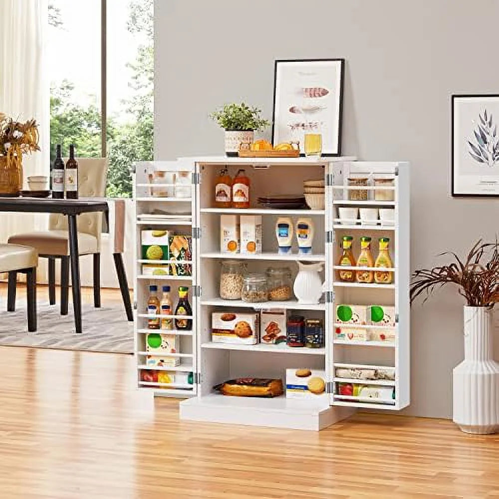 White Wood Pantry Cabinet with Doors and Adjustable Shelves I387