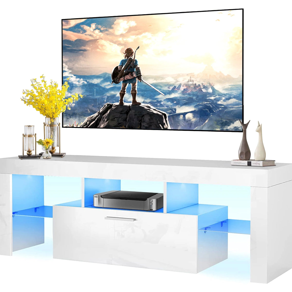 White High Gloss TV Stand with LED Lights and Storage Shelves T1721