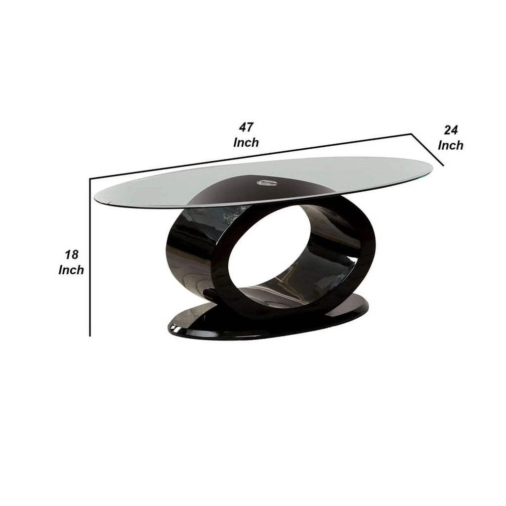 Contemporary Tempered Glass Top Coffee Table with O Shape Base, Black Q212