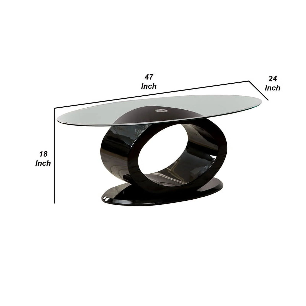 Contemporary Tempered Glass Top Coffee Table with O Shape Base, Black Q212