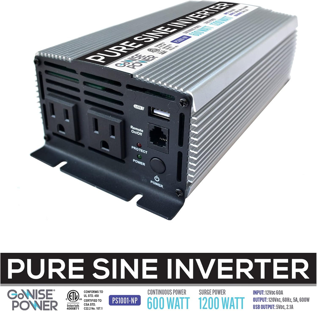600W Pure Sine Wave Inverter 12V DC to 120V AC with 2 AC Outlets O33952