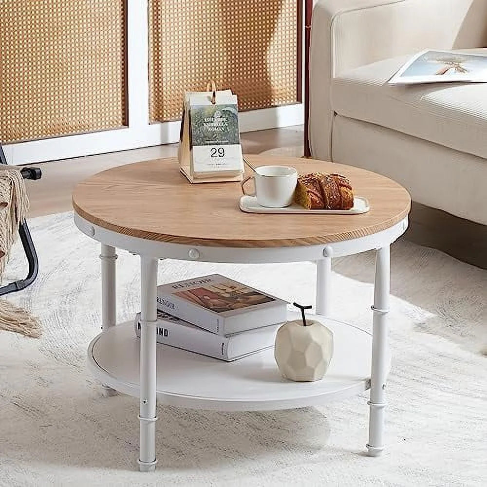 31.5" Natural White Round 2-Tier Wood Coffee Table P58322