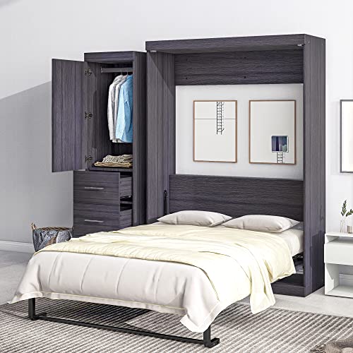 Full Size Grey Murphy Bed with Side Cabinet Storage T197183