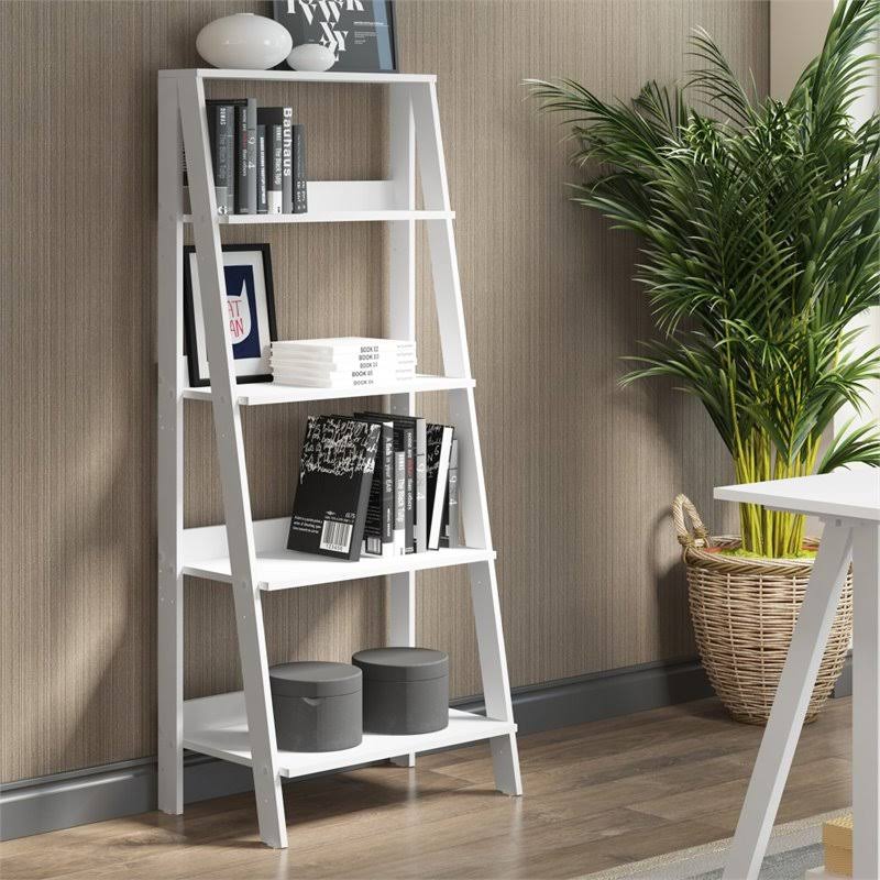 4-Shelf Wood Ladder Bookcase in White B9248
