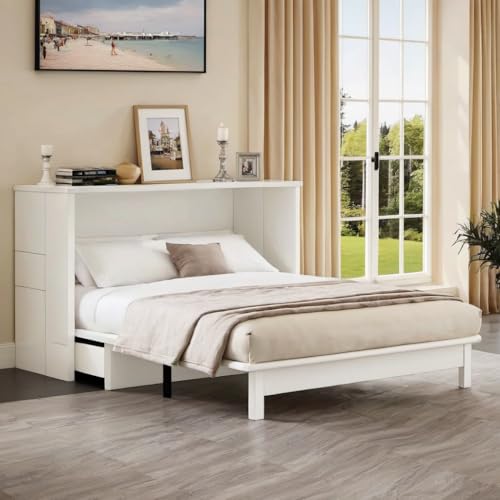 Queen Size White Wood Murphy Bed with Storage Drawer J783334