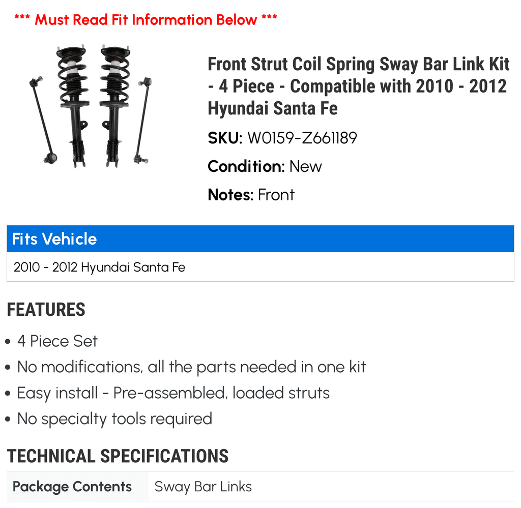 Strut Coil Spring Sway Bar Link Kit 4 Piece M998