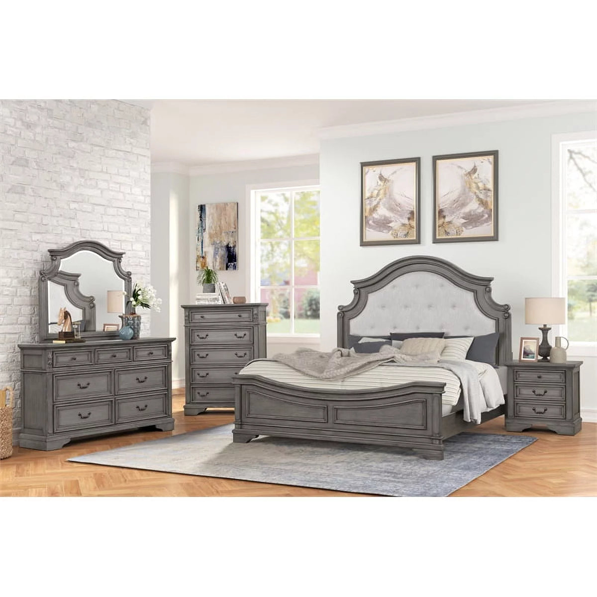 Gray Tufted 5 Pc Wood Bedroom Set Q485