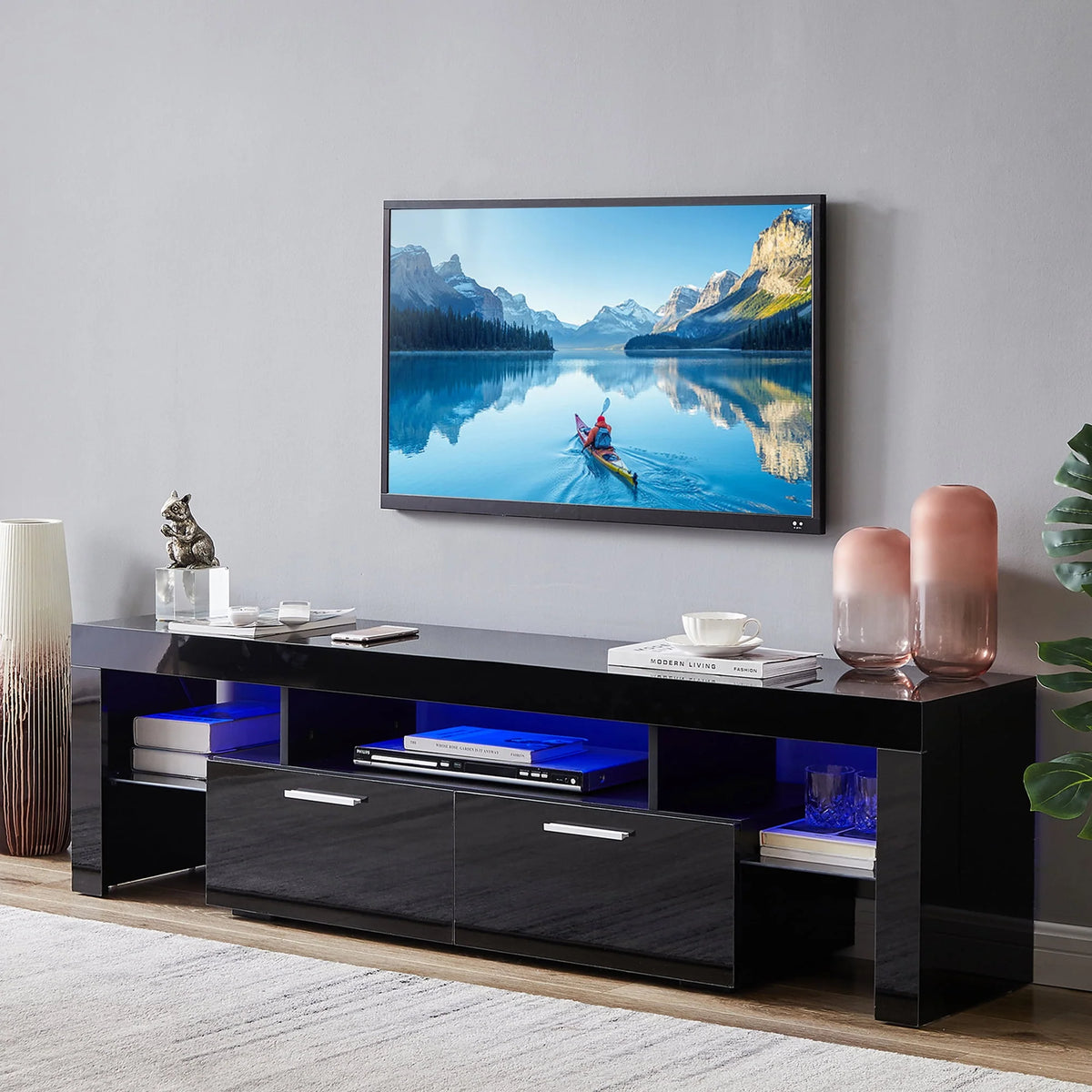 White High Gloss TV Stand with LED Lights and Storage Shelves T1721