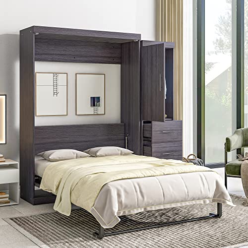 Full Size Grey Murphy Bed with Side Cabinet Storage T197183