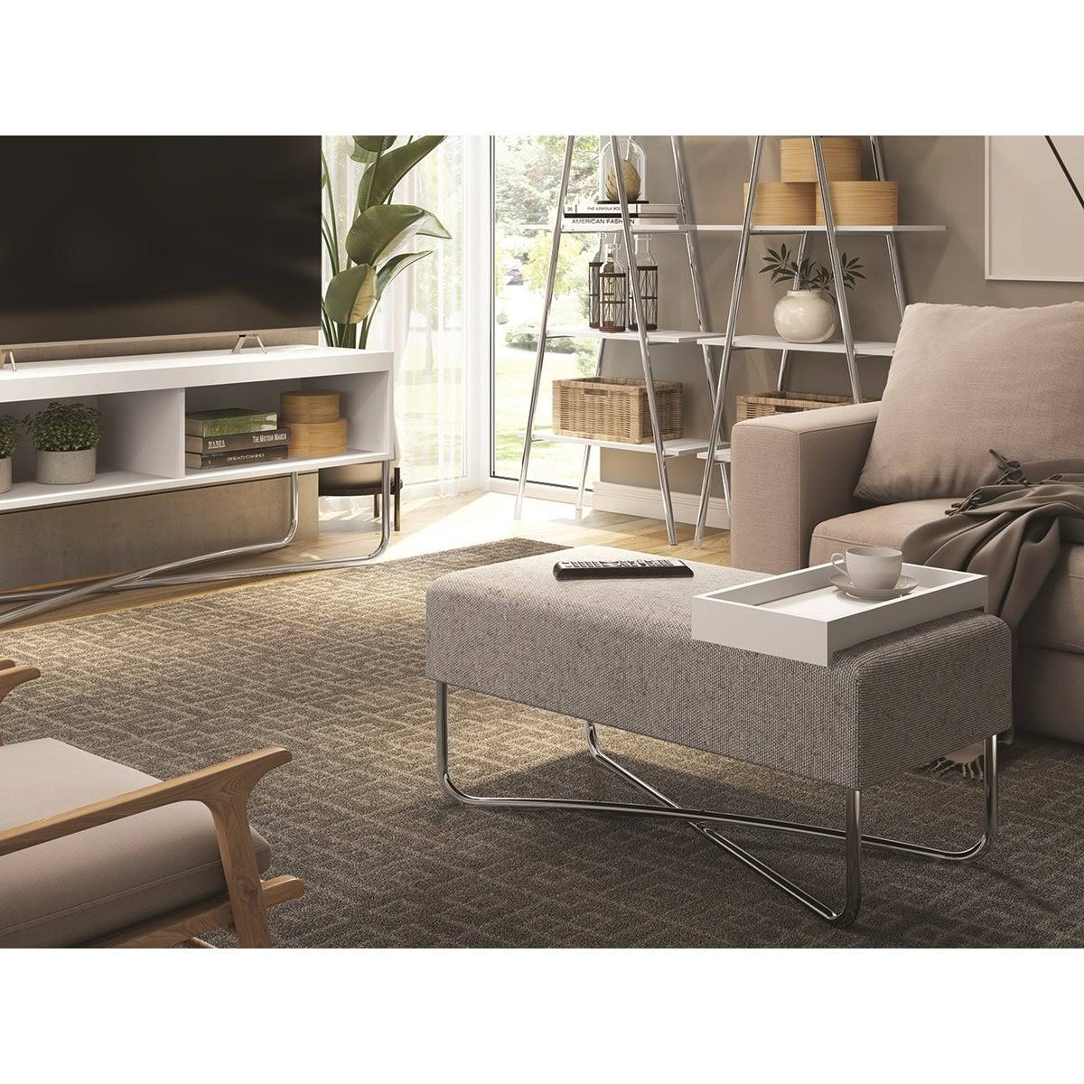 Dark Brown Fabric Bench with Black Base and Dark Oak Tray O7448