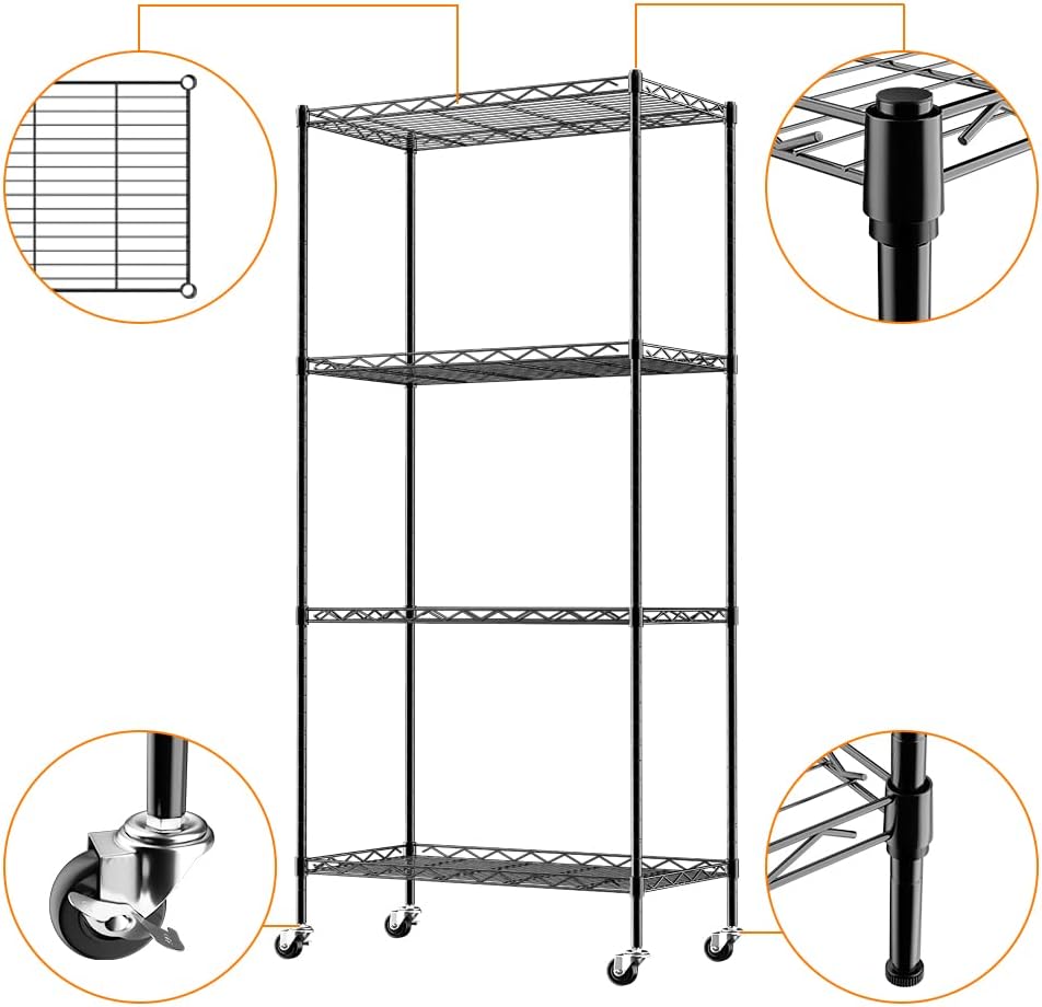 Black Metal 4-Shelf Mobile Storage Shelves Pack of 2 W9263