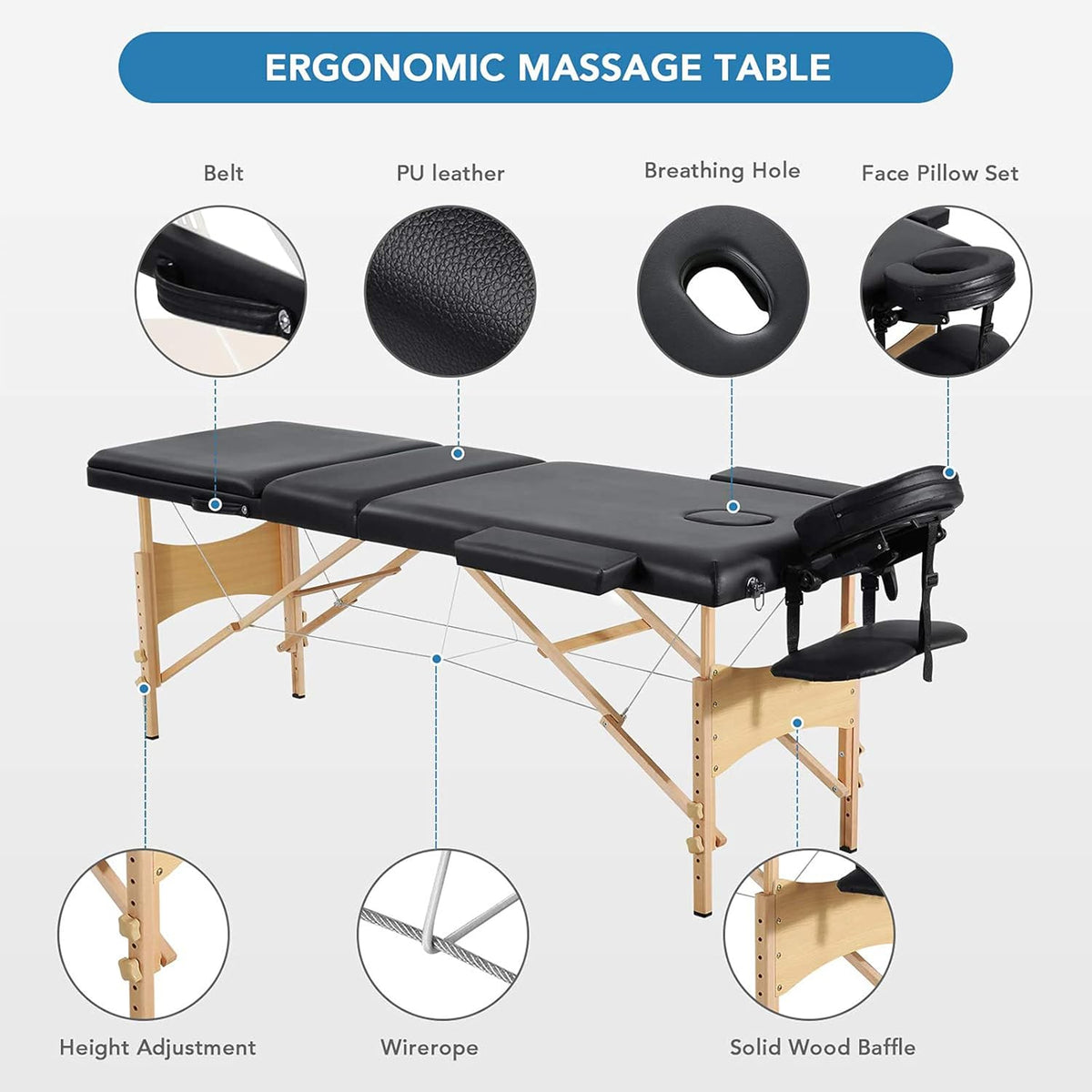 Portable 3 Sections Wooden Massage Table with Face Hole M89854