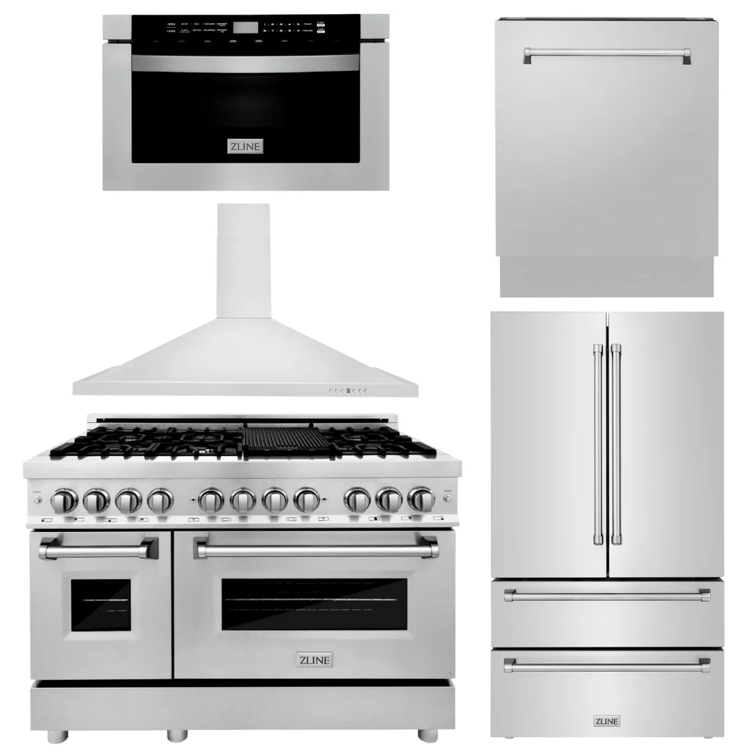 48 in. Dual Fuel Range, Range Hood, Microwave Drawer, Dishwasher, Refrigerator O92215