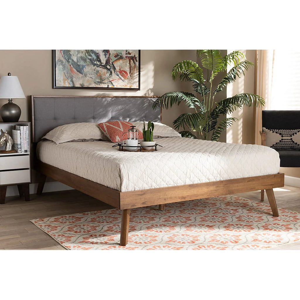 Light Grey Fabric Upholstered Walnut Brown Wood Queen Size Platform Bed G3029