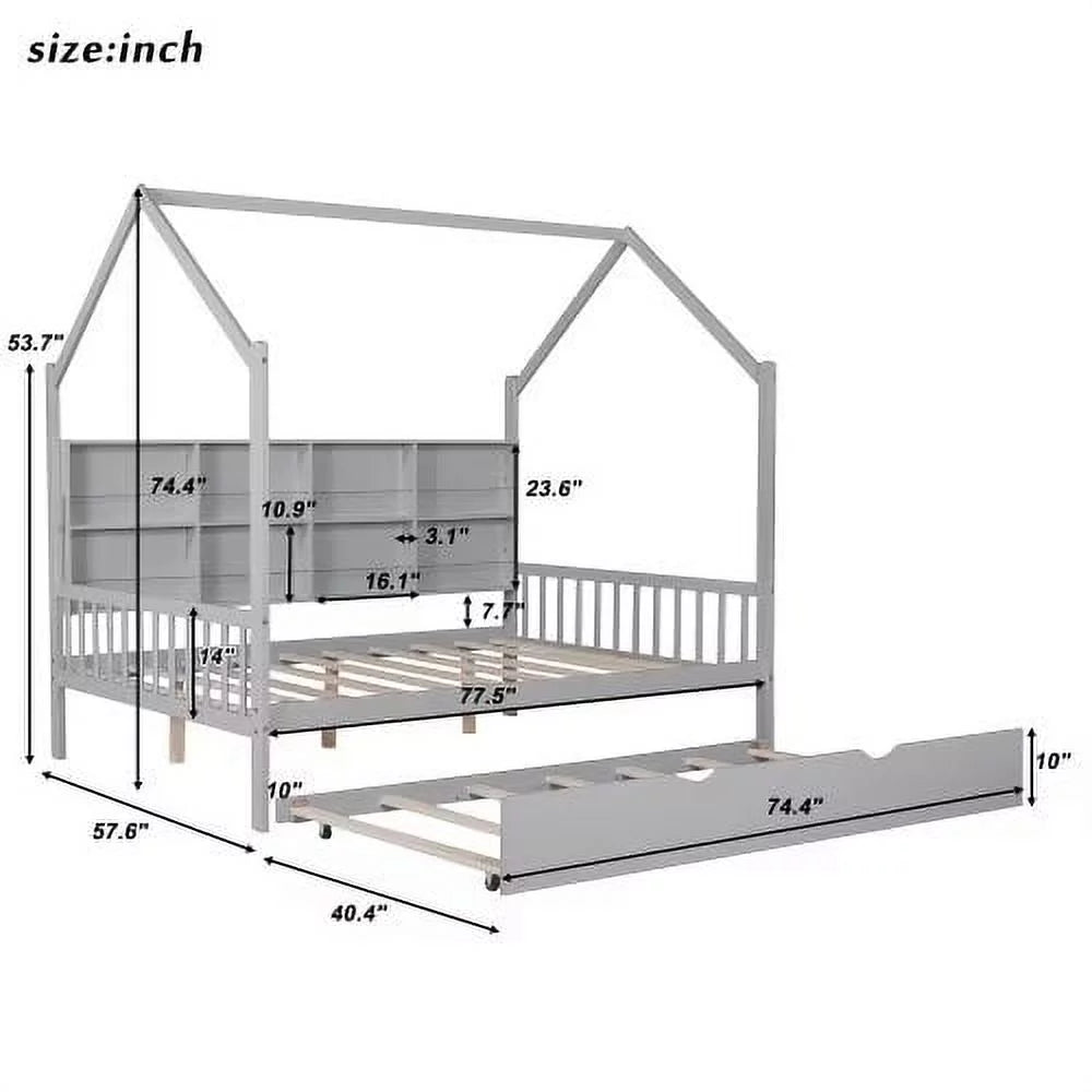 White Full Size Wood House Bed with Trundle and Shelves J853