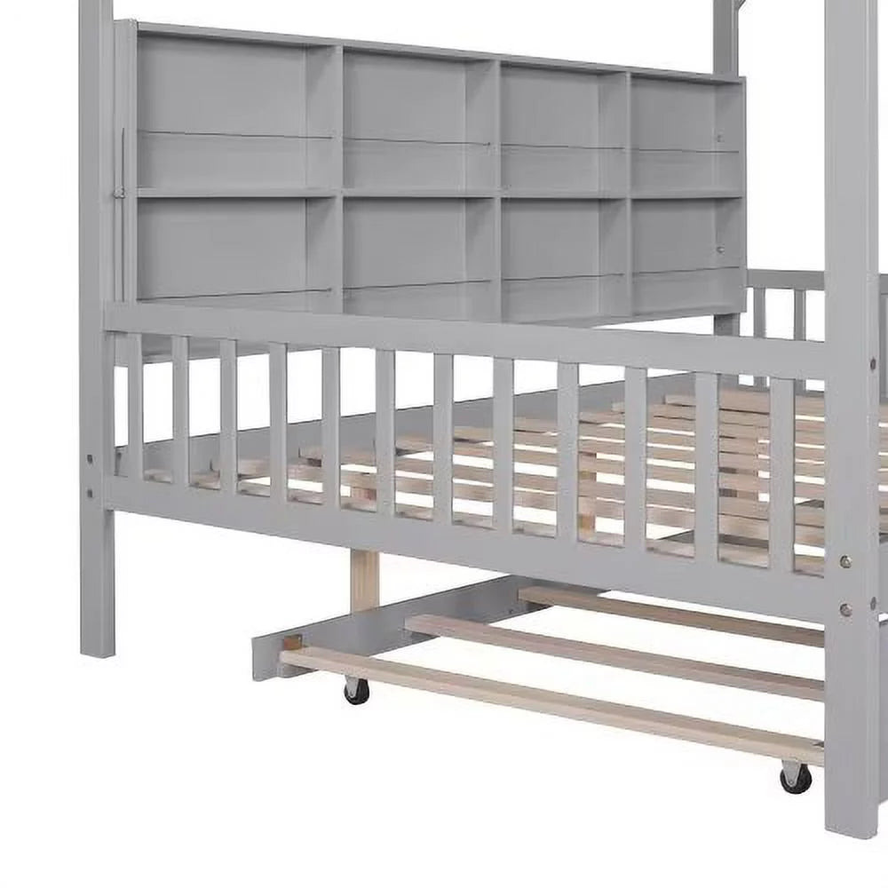 White Full Size Wood House Bed with Trundle and Shelves J853